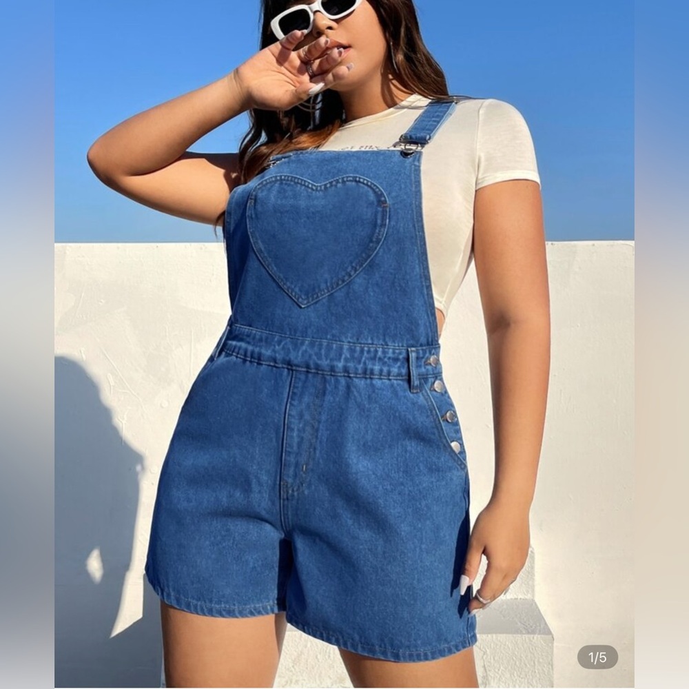 SHEIN Blue Denim Overalls Relaxed Fit Heart Pocket